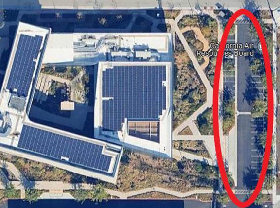 Map showing the CARB Visitor Lot directly in front of the CARB Riverside facility.