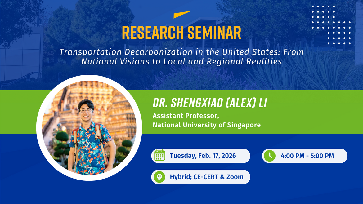 promotional flyer for research seminar hosted by CE-CERT. the speaker is dr. shengxiao li, an assistant professor at the National University of Singapore