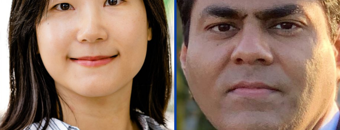 A vertical split image shows two new faculty members. On the left is Dr. Eunjeong Hyeon, a woman with long dark hair, wearing a striped shirt. On the right is Dr. Abhilash Vijayan, a man with short dark hair, wearing a blue shirt and a black blazer.