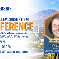 Solar Valley Consortium Conference graphic for “Vehicle-to-Grid (V2G): Unlocking the Potential of California’s EV Batteries,” featuring keynote speaker Nancy Skinner, Commissioner, California Energy Commission. The virtual conference will be held November 17, 2026, from 8:30 a.m. to 1:00 p.m. PT via Zoom. Background features an electric vehicle charging with Southern California mountains in the distance.