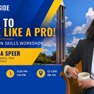 UC Riverside flyer featuring Dr. Annika Speer and the campus bell tower. Presentation skills workshop on Nov. 29, 2026, from noon to 1 p.m. in CE-CERT Room 105.