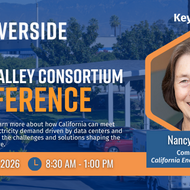 UC Riverside Solar Valley Consortium Conference banner for May 14, 2026, from 8:30 AM to 1:00 PM. The banner features a portrait of Keynote Speaker Nancy Skinner, Commissioner of the California Energy Commission. The text invites attendees to learn about meeting California's electricity demand driven by data centers and electrification.
