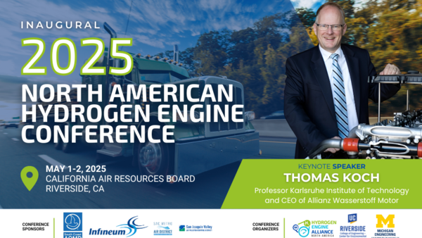 Inaugural 2025 North American Hydrogen Engine Conference promotional graphic. The background features a hydrogen-powered semi-truck on a highway with trees and a blue sky. On the right, keynote speaker Thomas Koch, a professor at Karlsruhe Institute of Technology and CEO of Allianz Wasserstoff Motor, is shown in a suit and tie, smiling and holding a hydrogen engine component. The event details indicate it will take place on May 1-2, 2025, at the California Air Resources Board in Riverside, CA. The bottom o
