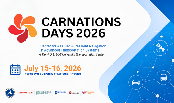 CARNATIONS Days 2026 event graphic for July 15–16, 2026, hosted by the University of California, Riverside. The design includes the CARNATIONS logo, partner logos, and a blue connected transportation graphic with vehicle and satellite icons.