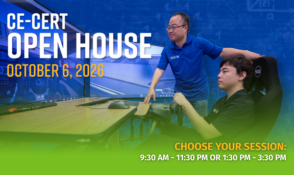 CE-CERT Open House graphic featuring two researchers demonstrating a driving simulator. Event details: October 6, 2026, with sessions from 9:30–11:30 a.m. or 1:30–3:30 p.m.