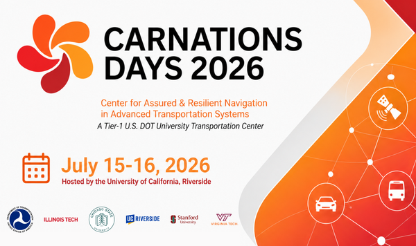 CARNATIONS Days 2026 event graphic for July 15–16, 2026, hosted by the University of California, Riverside. The design includes the CARNATIONS logo, partner logos, and a blue connected transportation graphic with vehicle and satellite icons.