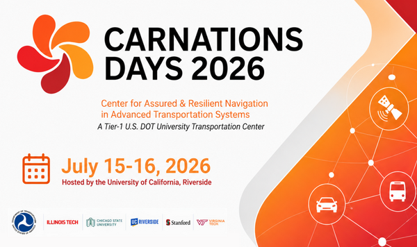 CARNATIONS Days 2026 event graphic for July 15–16, 2026, hosted by the University of California, Riverside. The design includes the CARNATIONS logo, partner logos, and a blue connected transportation graphic with vehicle and satellite icons.