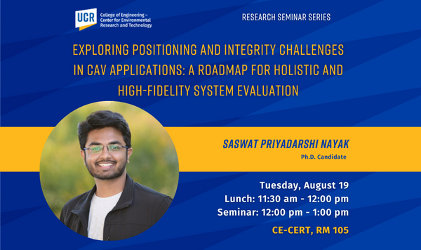 Promotional flyer for a research seminar hosted by the UCR College of Engineering – Center for Environmental Research and Technology. The event is titled "Designing Integrated Methane Monitoring Platforms for the Oil and Gas Sector." The speaker is Dr. Abhilash Vijayan, Vice President and Air Quality Practice Area Leader at Sonoma Technology and Spheros Environmental. The seminar is scheduled for Monday, May 19, from 11:00 am to 12:00 pm at CE-CERT, Room 105. Snacks and beverages will be provided. The flyer