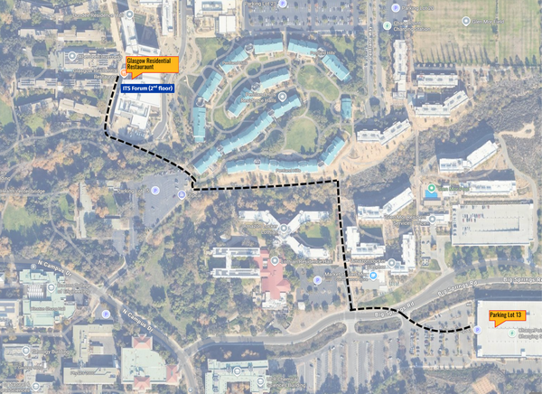 Map showing walking route from UCR Parking Lot 13 to the Glasgow Residential Restaurant for the ITS Forum. The dotted path leads northwest from Lot 13 along Big Springs Road, passing Glen Mor Residences, Lothian Residence Hall, and Pentland Hills before reaching the venue on the second floor of Glasgow Residential Restaurant.