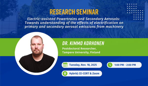 A UCR CE-CERT research seminar flyer featuring Dr. Kimmo Korhonen. The top section has a blue background with the title “Research Seminar” and the talk topic: “Electric-assisted Powertrains and Secondary Aerosols: Towards understanding of the effects of electrification on primary and secondary aerosol emissions from machinery.” Below, on a green band, is a circular headshot of Dr. Korhonen, a light-skinned man with short hair and a beard, wearing a black shirt. His name and title read: “Dr. Kimmo Korhonen, 