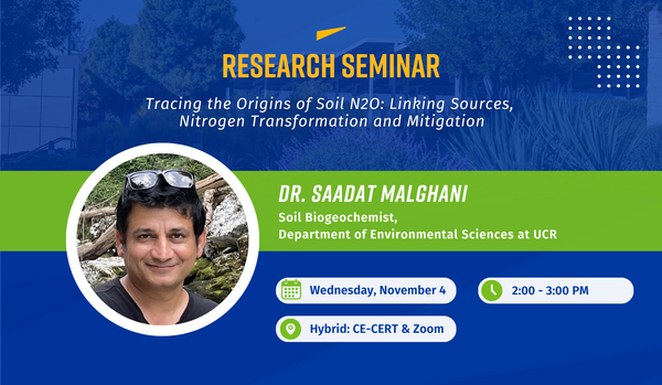Promotional graphic for a Research Seminar Saadat Malghani, a soil biogeochemist, presenting research on Tracing the Origins of Soil N2O: Linking Sources, Nitrogen Transformation and Mitigation 