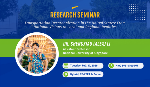 promotional flyer for research seminar hosted by CE-CERT. the speaker is dr. shengxiao li, an assistant professor at the National University of Singapore