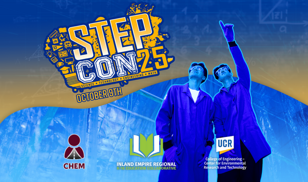 Graphic flyer for CE-CERT's STEPCon 2025 event. Includes a green circular logo reading "STEPCon 25" with smaller text underneath: "STEM Training and Education Program Conference." Background features clean, futuristic design with abstract light trails and circuit patterns. UC Riverside and CE-CERT logos are displayed at the bottom.