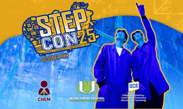 Graphic flyer for CE-CERT's STEPCon 2025 event. Includes a green circular logo reading "STEPCon 25" with smaller text underneath: "STEM Training and Education Program Conference." Background features clean, futuristic design with abstract light trails and circuit patterns. UC Riverside and CE-CERT logos are displayed at the bottom.