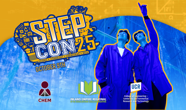 Graphic flyer for CE-CERT's STEPCon 2025 event. Includes a green circular logo reading "STEPCon 25" with smaller text underneath: "STEM Training and Education Program Conference." Background features clean, futuristic design with abstract light trails and circuit patterns. UC Riverside and CE-CERT logos are displayed at the bottom.