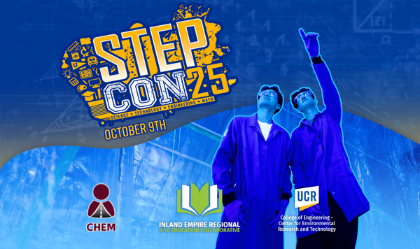 Graphic flyer for CE-CERT's STEPCon 2025 event. Includes a green circular logo reading "STEPCon 25" with smaller text underneath: "STEM Training and Education Program Conference." Background features clean, futuristic design with abstract light trails and circuit patterns. UC Riverside and CE-CERT logos are displayed at the bottom.