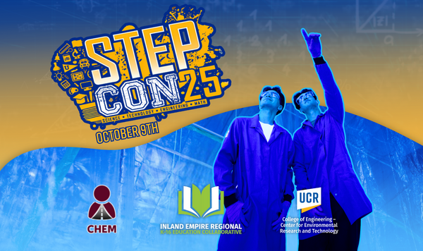 Graphic flyer for CE-CERT's STEPCon 2025 event. Includes a green circular logo reading "STEPCon 25" with smaller text underneath: "STEM Training and Education Program Conference." Background features clean, futuristic design with abstract light trails and circuit patterns. UC Riverside and CE-CERT logos are displayed at the bottom.