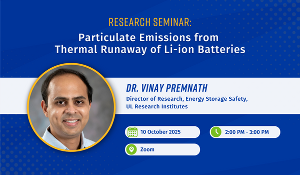 Promotional graphic for CE-CERT Research Seminar Series. Title reads 'Particulate Emissions from Thermal Runaway of Li-ion Batteries.' Features a headshot of Dr. Vinay Premnath, Director of Research, Energy Storage Safety, UL Research Institutes. Event details: September 30, 2025, 12:30 PM – 1:30 PM, held on Zoom. Design uses UCR branding with blue and gold accents.